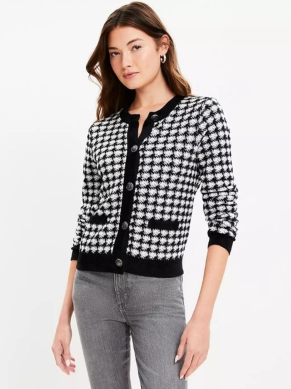 Black and White Houndstooth Knit Cardigan Sweater